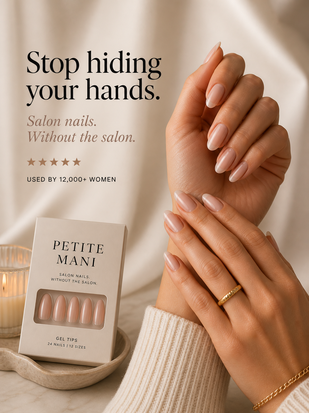 Hands wearing Petite Mani press-on nails next to the gel tips packaging