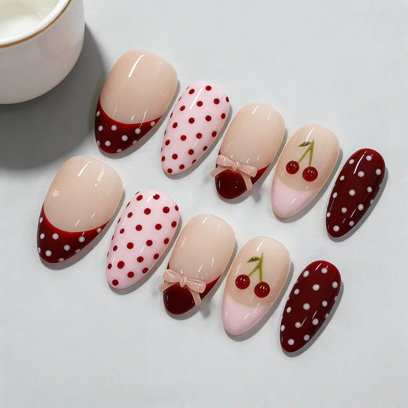 Cerise — pink press-on nails with bows